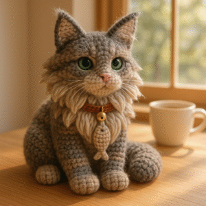 Handmade Crochet Maine Coon Cat Plush – Cozy Companion with Fish Charm