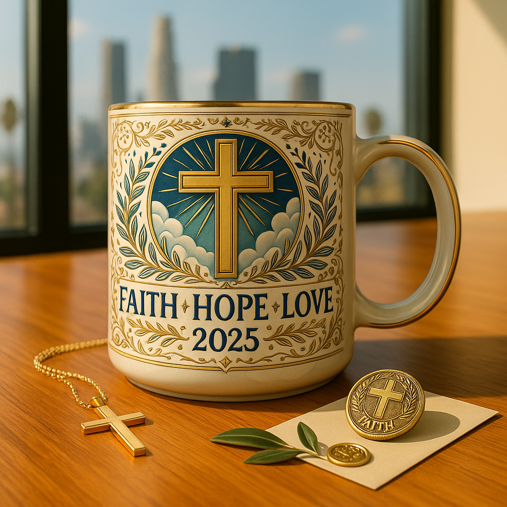 Faith • Hope • Love 2025 Christian Ceramic Mug – The Cross of Light Edition